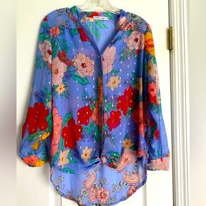 Figueroa & Flower  Blouse Top Blue Floral Gold Long Sleeve Small